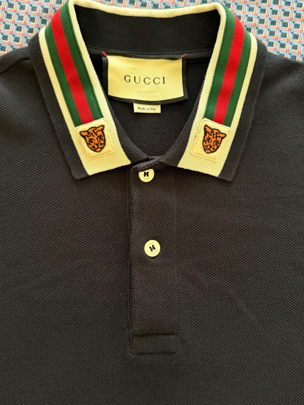 Gucci Black Polo with Green-Red Striped Collar and Embroidered Crests